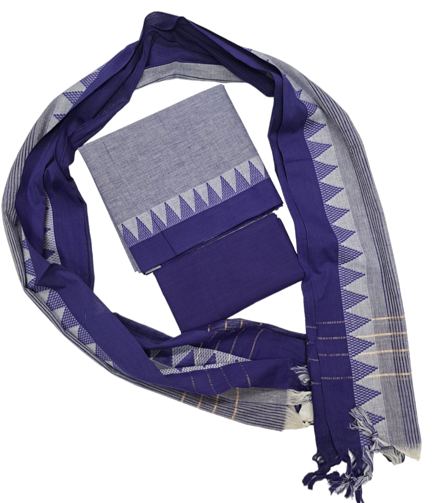 Cotton plain Temple border Mangalgiri unstitched 3 piece  sets / Bluish grey with ink blue set