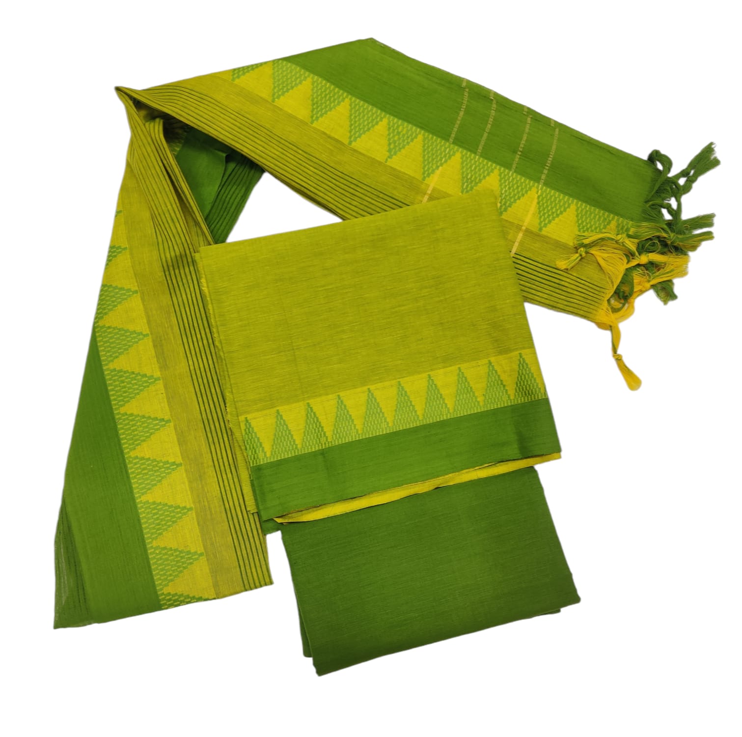 Cotton plain Temple border Mangalgiri unstitched 3 piece  sets / Lime Green with Green set