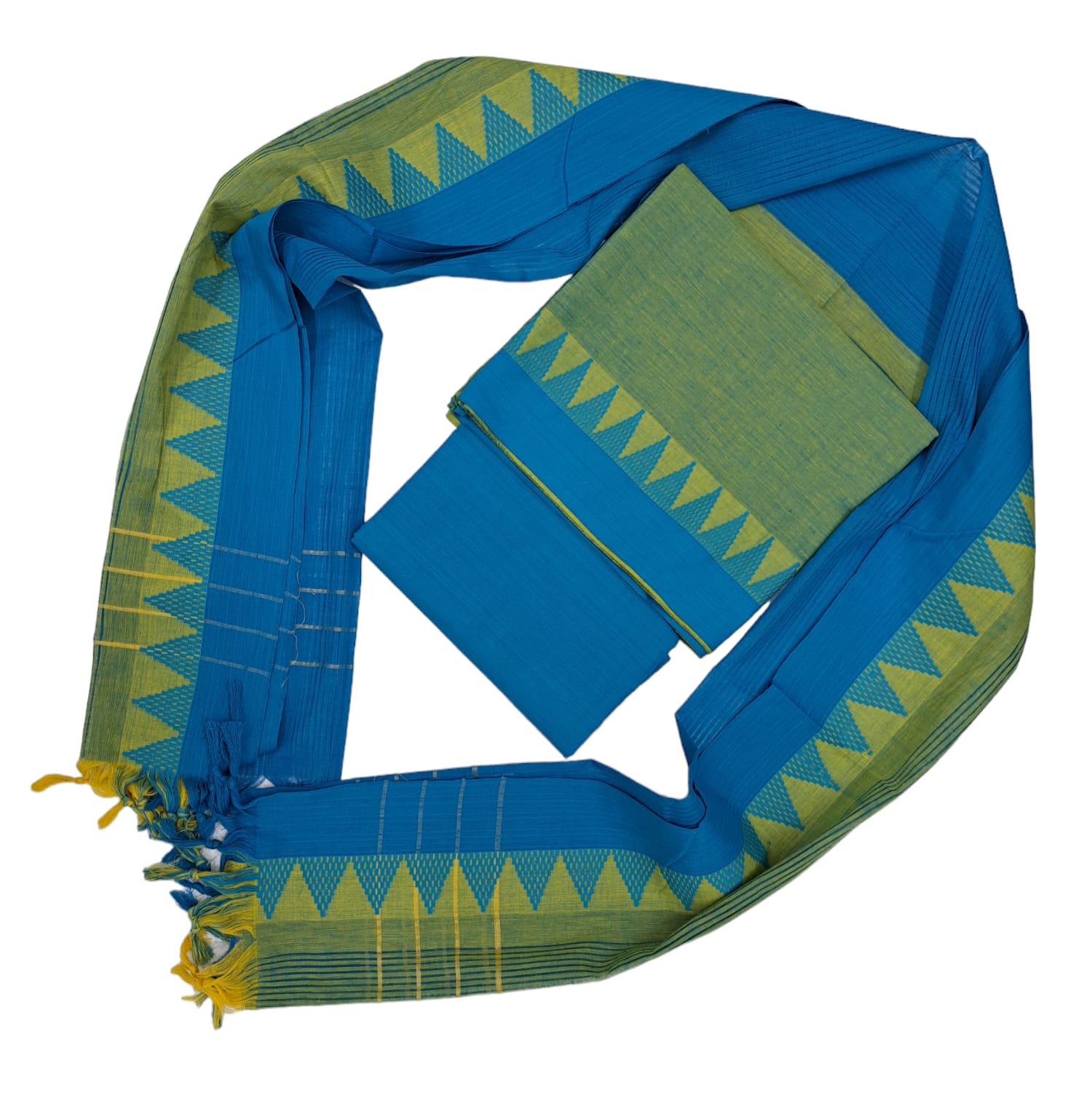 Cotton plain Temple border Mangalgiri unstitched 3 piece  sets / Light green with blue set
