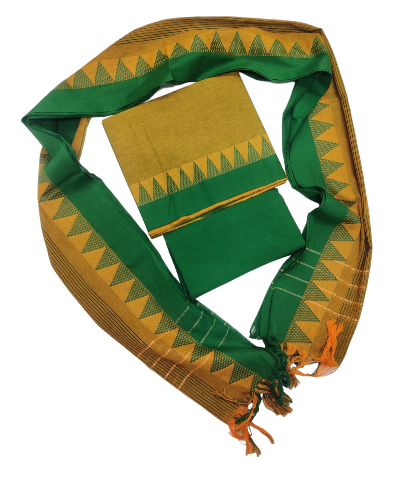 Cotton plain Temple border Mangalgiri unstitched 3 piece  sets /Mustard yellow with green set