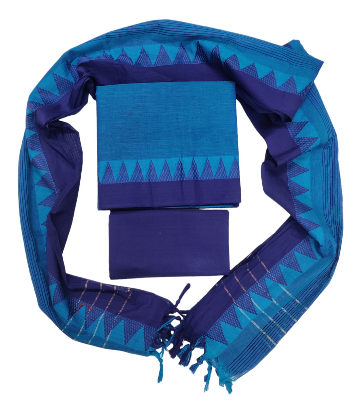Cotton plain Temple border Mangalgiri unstitched 3 piece  sets / Sky blue with royal blue