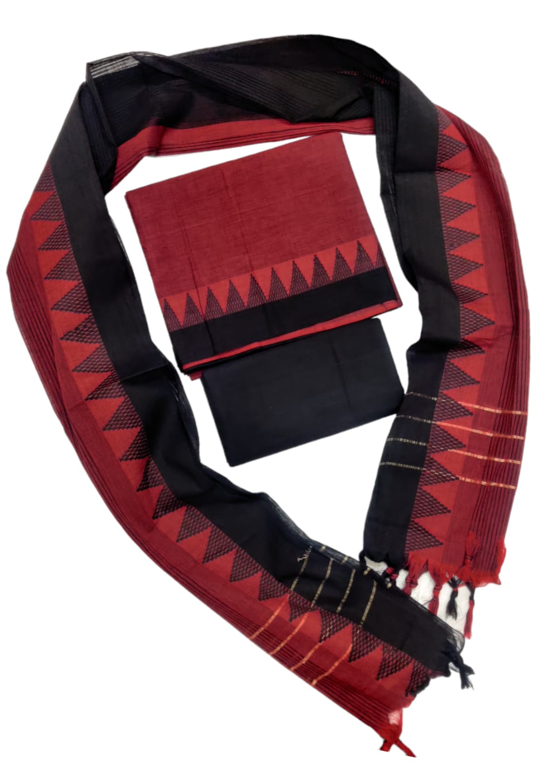 Cotton plain Temple border Mangalgiri unstitched 3 piece  sets / Deep red with black set