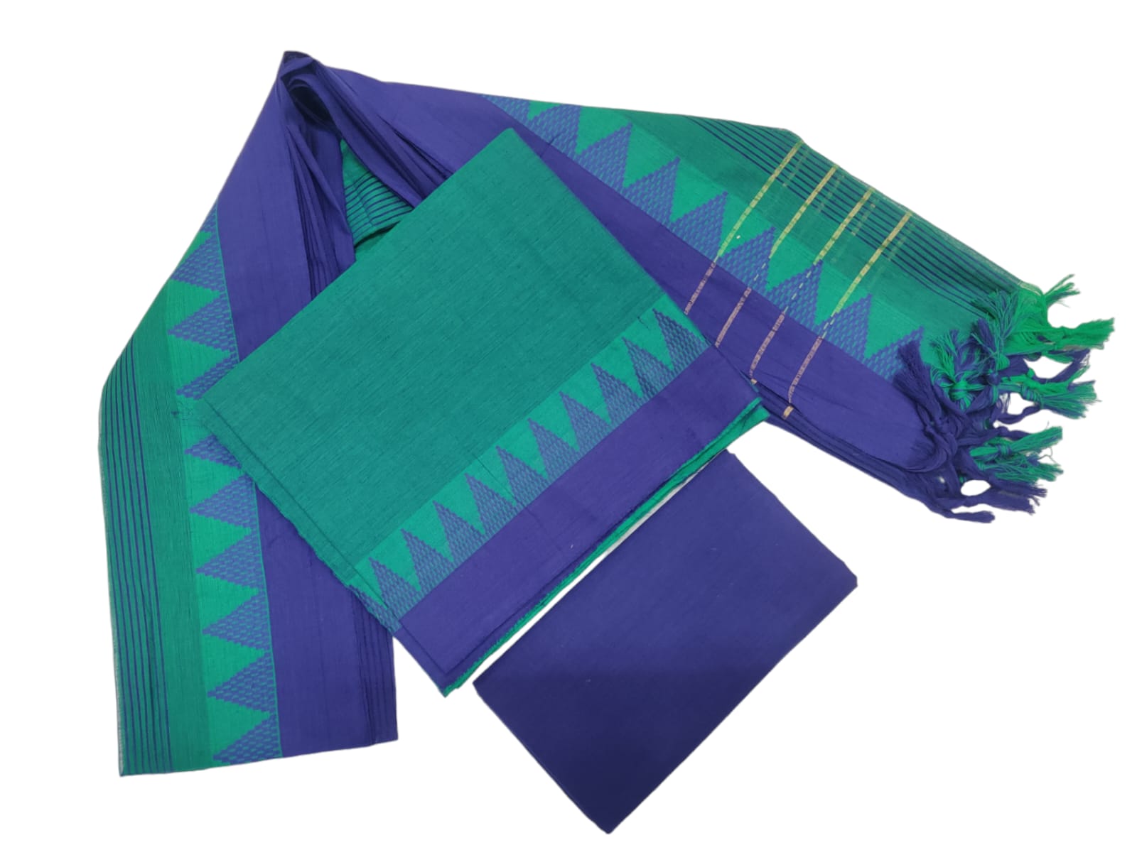 Cotton plain Temple border Mangalgiri unstitched 3 piece  sets / Green