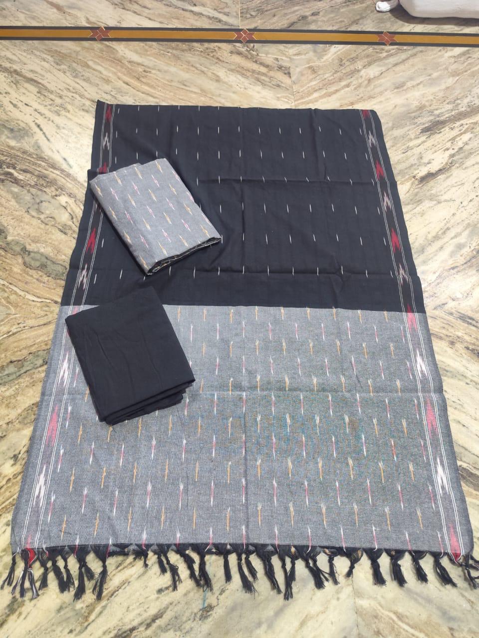 IKAT POCHAMPALLY UNSTITCHED SET (BLACK AND GREY - LINE)