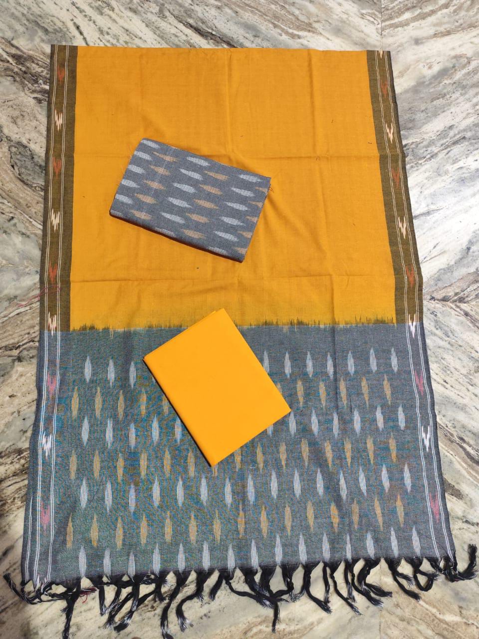 IKAT POCHAMPALLY UNSTITCHED SET (YELLOW AND GREY)