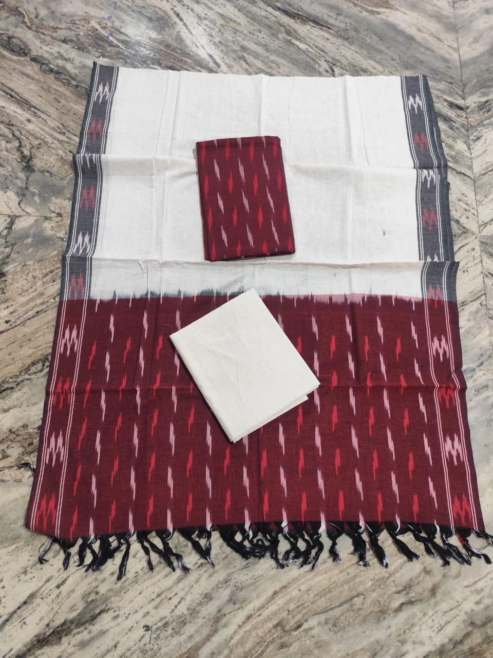 IKAT POCHAMPALLY UNSTITCHED SET (WHITE AND MARON)